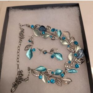 Elegant Silver and Blue Leaf Necklace/Earring Set